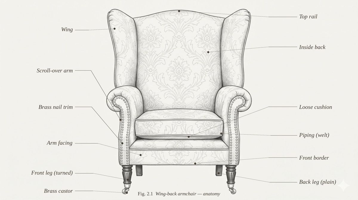 Front view of an English wing-back armchair with its parts labelled — wings, scroll-over arms, brass nail trim, loose cushion and turned front legs