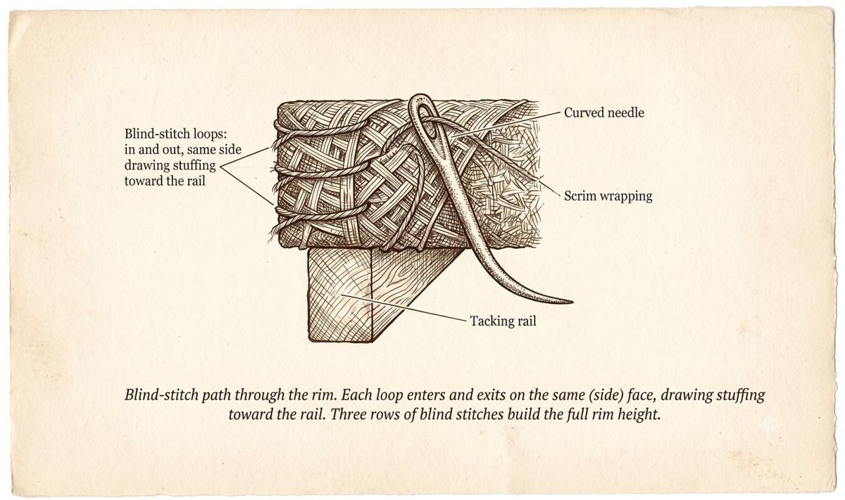 Blind stitch in cross-section: a curved needle travels inside the stuffed pad, entering low on the front face and exiting about 25 mm higher on the same face without breaking the top; three rows build the rim.