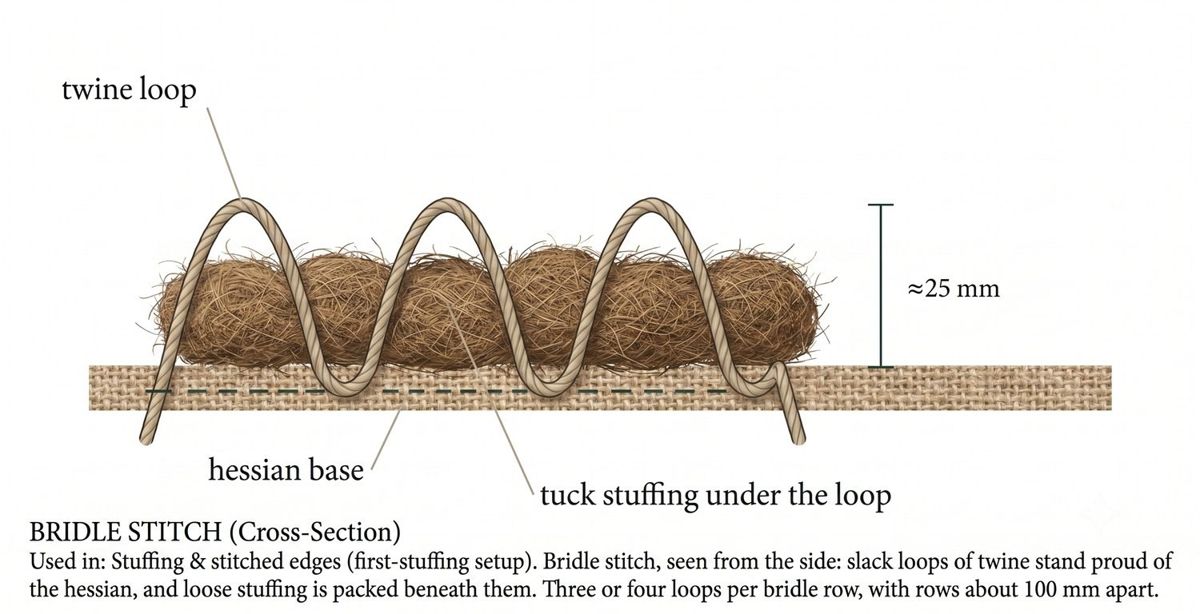 Bridle stitch in cross-section: slack loops of twine standing about 25 mm proud of the hessian, with loose stuffing tucked beneath each loop.