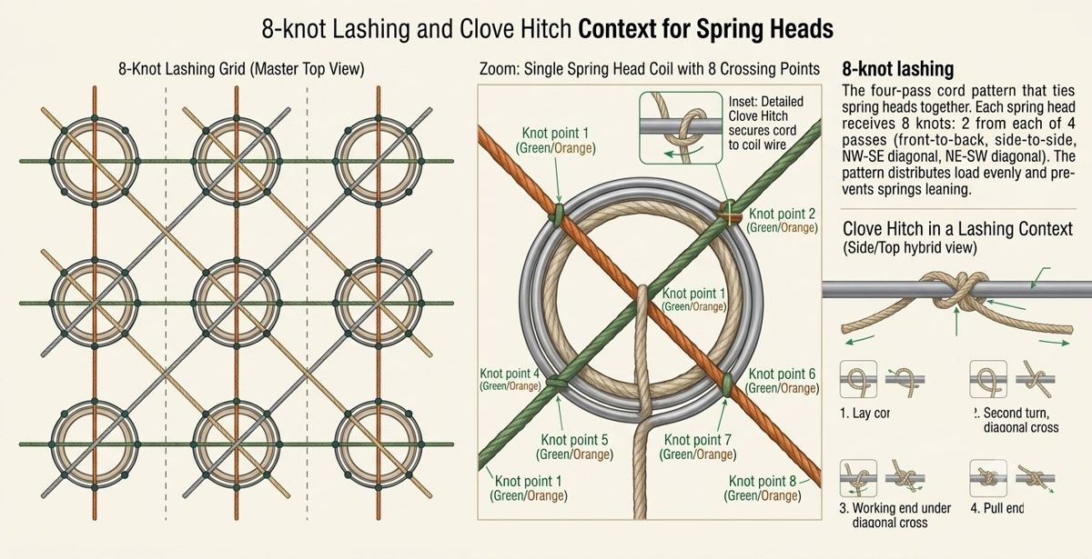 Eight-knot lashing: a top view of a nine-spring grid with four cord passes — front-to-back, side-to-side and both diagonals — and a zoomed single spring head showing its eight crossing points.