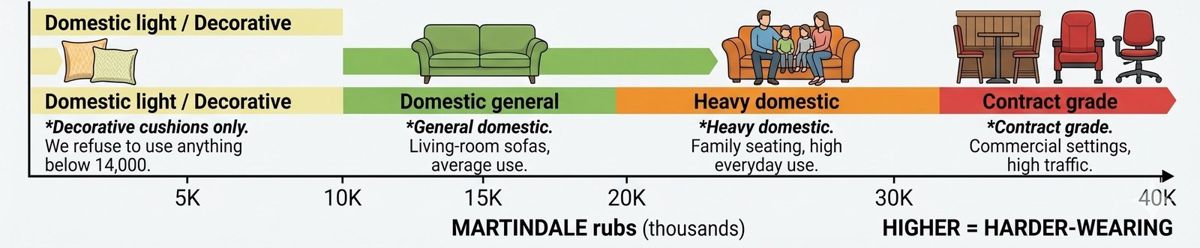 Martindale rub-test bands from decorative under 14,000 through general domestic, heavy domestic, and contract grade above 38,000 cycles; higher equals harder-wearing