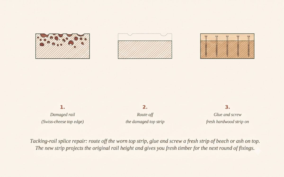 Tacking-rail splice repair in three steps: the damaged Swiss-cheese rail, routing off the worn top strip, and gluing and screwing a fresh hardwood strip on top