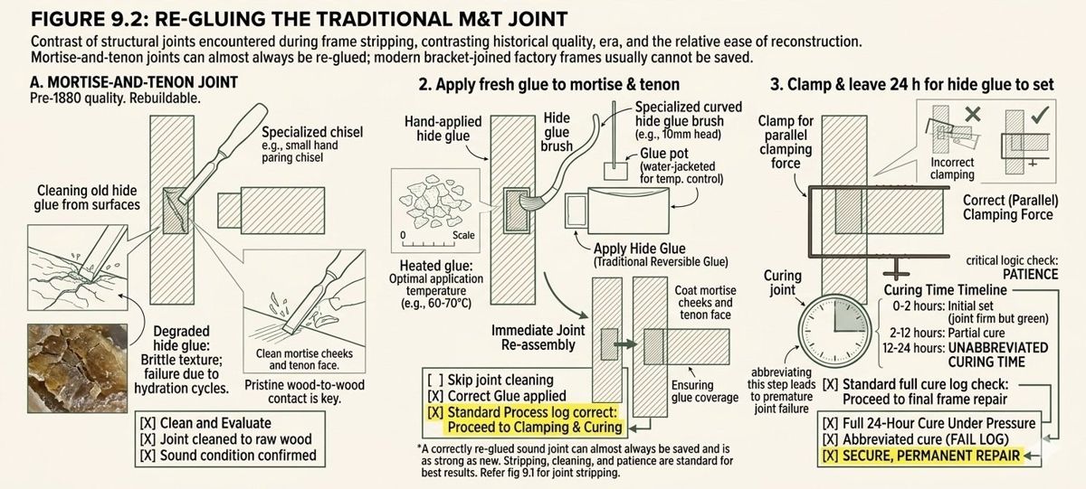 Three steps to re-glue a loose mortise-and-tenon joint: working the joint apart, scraping off old glue, and re-gluing with hide glue under clamp pressure