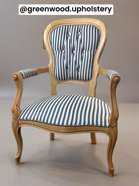 Victorian open armchair re-covered in a blue ticking stripe