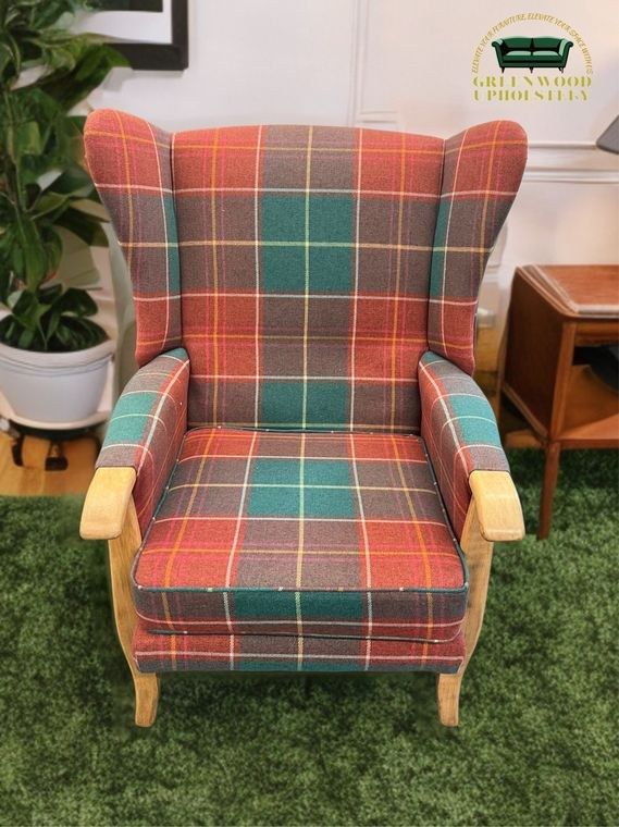 Wing-back armchair re-covered in an autumn tartan