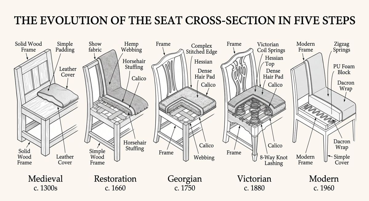 Five cross-sections of a chair seat — Medieval, Restoration, Georgian, Victorian and Modern — showing the layers added at each stage