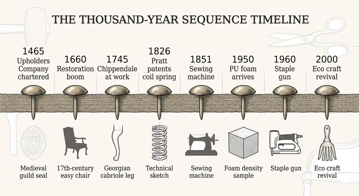 Illustrated timeline of eight milestones in upholstery history, from the Upholders’ Company charter to the modern craft revival