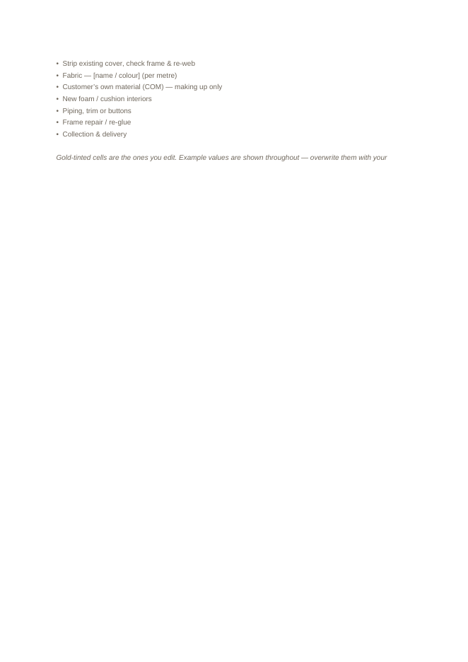 Preview of the upholstery quote and order form: logo box, itemised job lines, VAT, deposit and balance calculated automatically