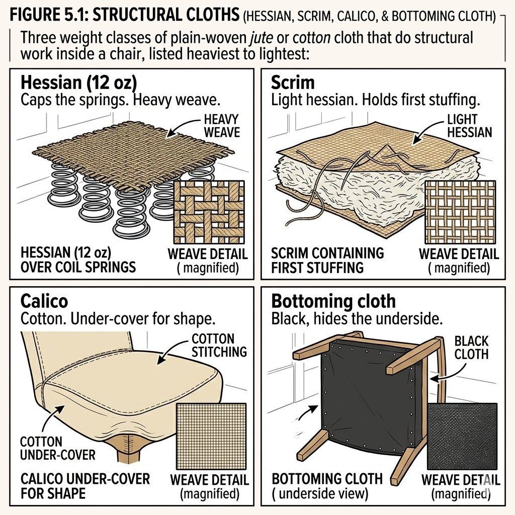 The three structural cloths with their weaves magnified: 12 oz hessian over coil springs, lighter scrim containing the first stuffing, calico under-cover for shape, and black bottoming cloth on the underside