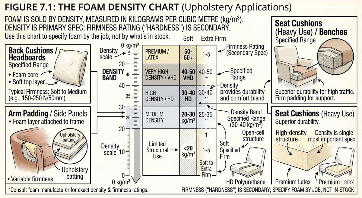 Foam density chart in kilograms per cubic metre, mapping density bands from under 20 up to premium latex 50-60 against upholstery applications such as back cushions, arm padding and heavy-use seat cushions