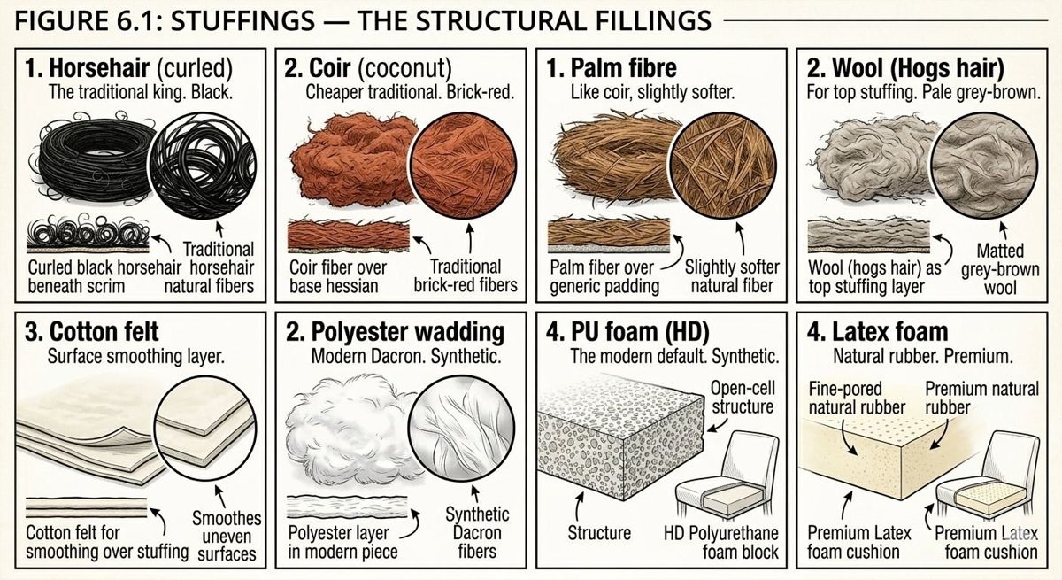 Upholstery stuffings compared: curled black horsehair, brick-red coir, palm fibre, wool and hog hair, cotton felt, polyester wadding, HD polyurethane foam, and latex foam
