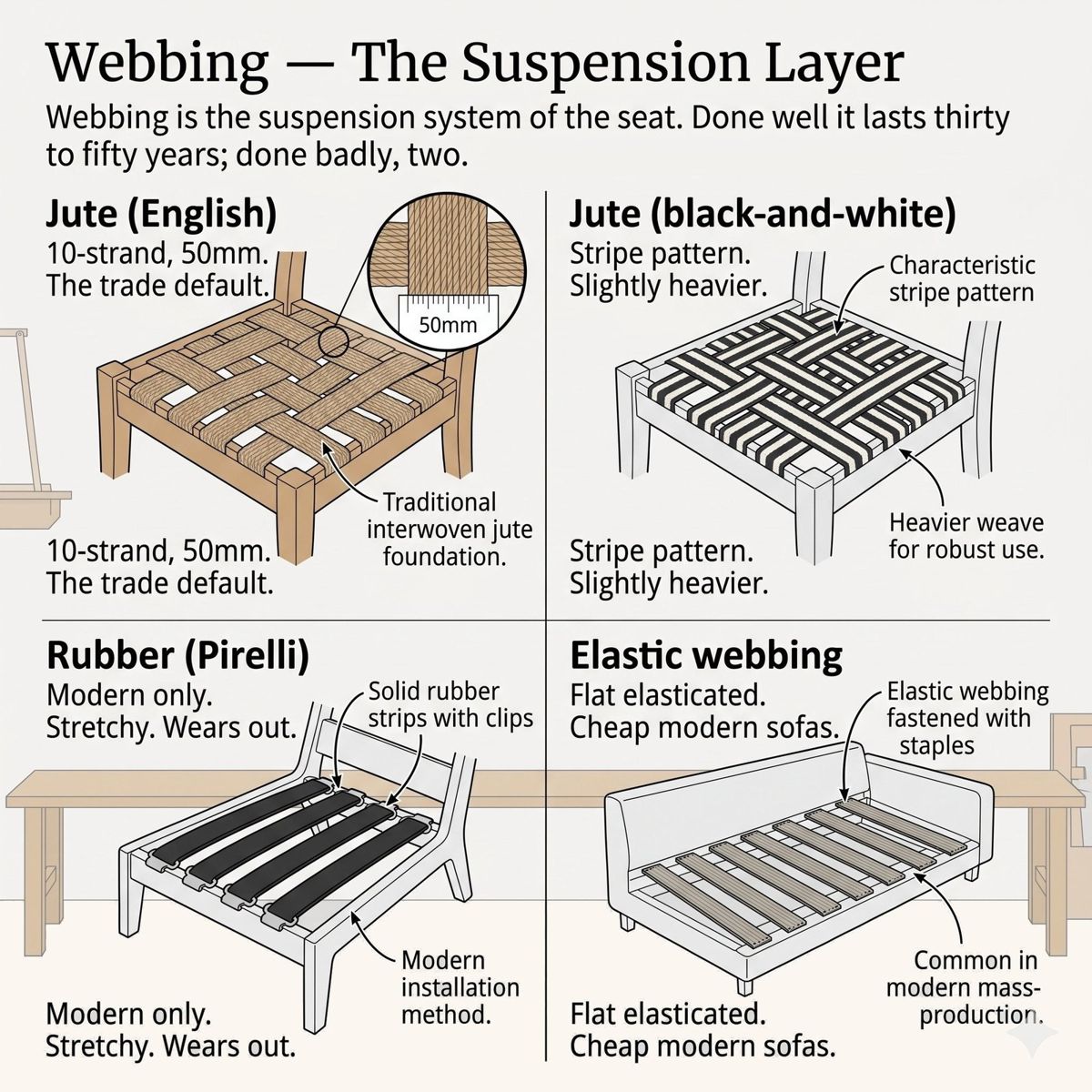 The four families of upholstery webbing compared: English jute, black-and-white striped jute, Pirelli rubber, and modern elastic webbing, each shown fitted to a seat frame