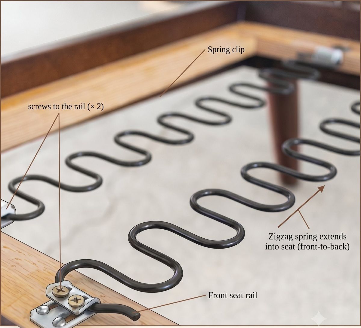 Close-up photograph of a no-sag spring clip screwed to a seat rail with a zigzag spring hooked in