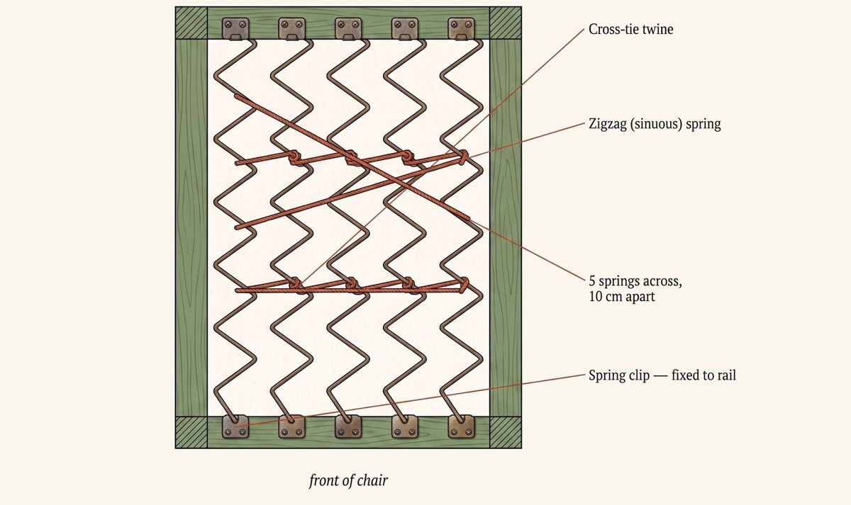 Bird's-eye view of an armchair seat with five zigzag springs fitted front-to-back, with cross-tie twine