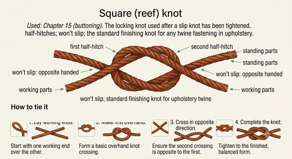 Square (reef) knot: two opposite-handed half-hitches interlock symmetrically so the knot lies flat and will not slip, with a four-step how-to-tie sequence.