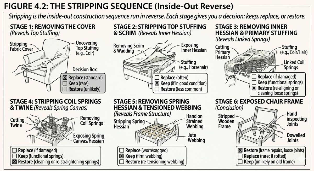Diagram of the stripping sequence: removing top fabric, calico, top stuffing and felt, scrim and first stuffing, hessian, springs and webbing in reverse order down to the bare frame