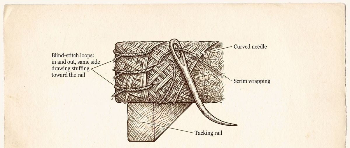 Engraving of the blind-stitch path through the rim, with a curved needle, scrim wrapping and tacking rail