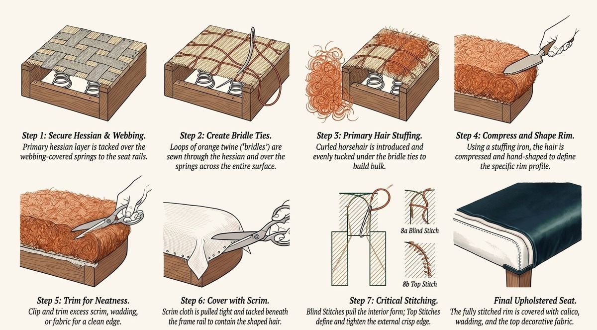 Step-by-step panels showing a traditional stuffed seat rim built up from webbing to finished, stitched edge