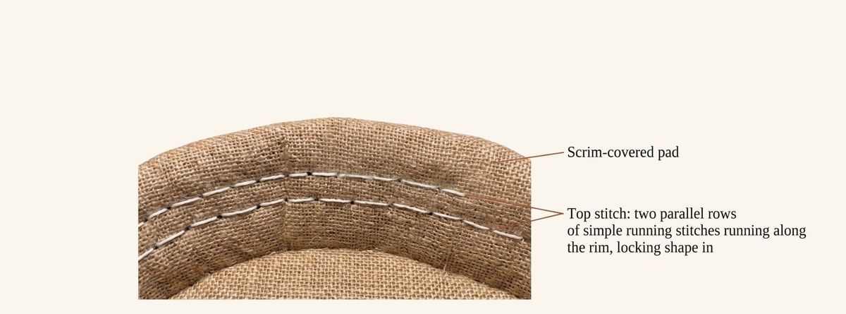 Photograph of the top-stitch line of running stitches along the rim of a scrim-covered pad, viewed from above