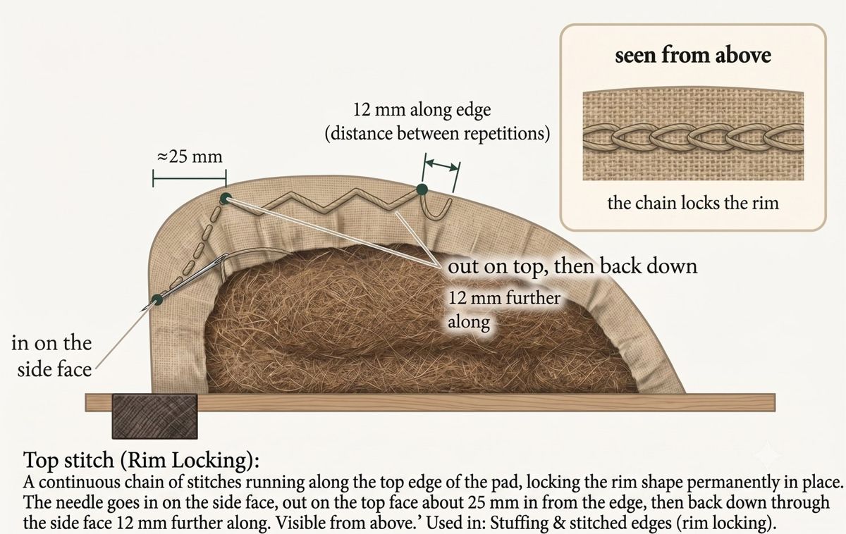 Top stitch in cross-section with a top-view inset: the needle goes in on the side face and out on top about 25 mm in from the edge, repeating 12 mm along to leave a locking chain visible along the rim.