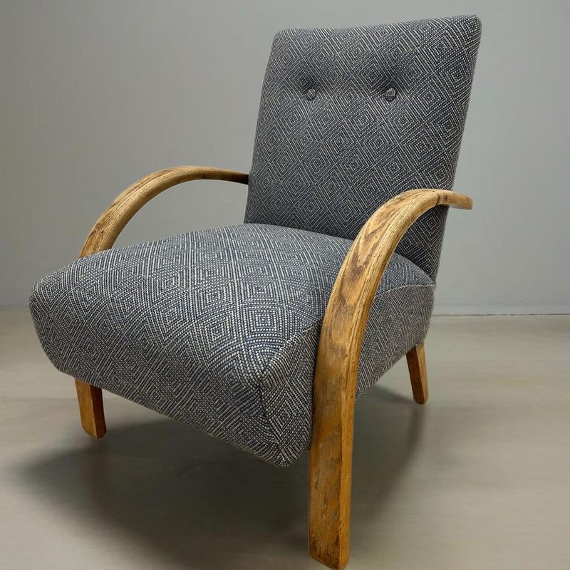 Bentwood armchair in a blue diamond-weave fabric &mdash; the before photo