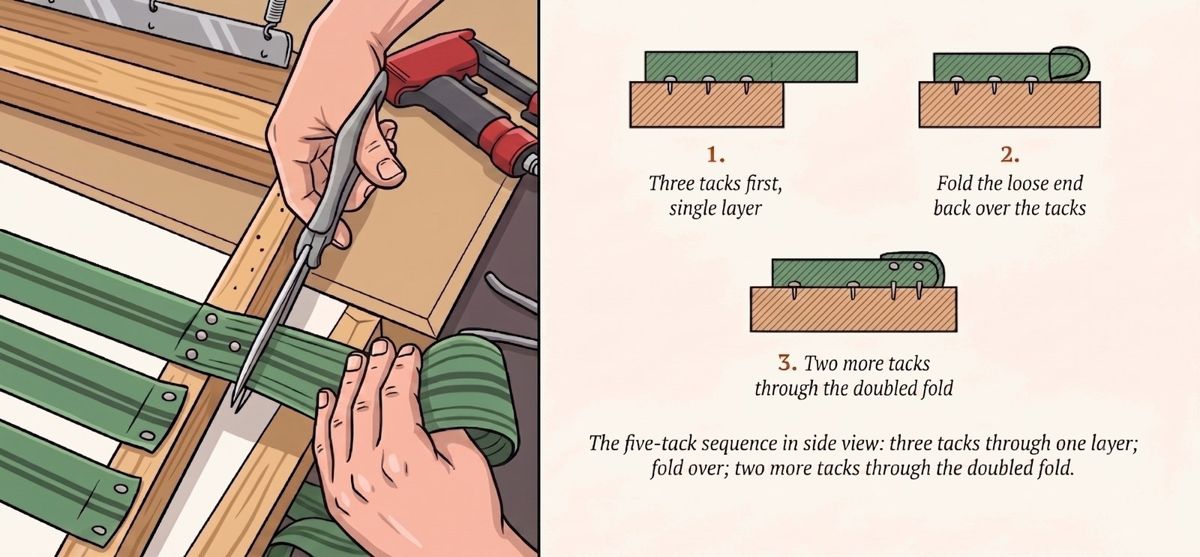 The five-tack fixing sequence in side view: three tacks through a single layer, the loose end folded back, then two more tacks through the doubled fold