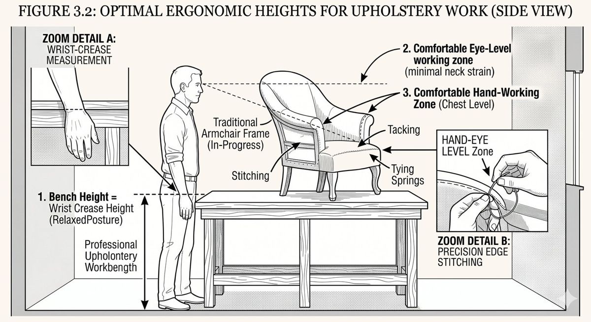 Side-view diagram of correct upholstery bench height set to the wrist crease, with a chair on the bench at a comfortable hand-and-eye working level