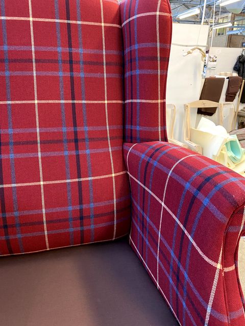 Modern Wing Chair in Red Tartan Check